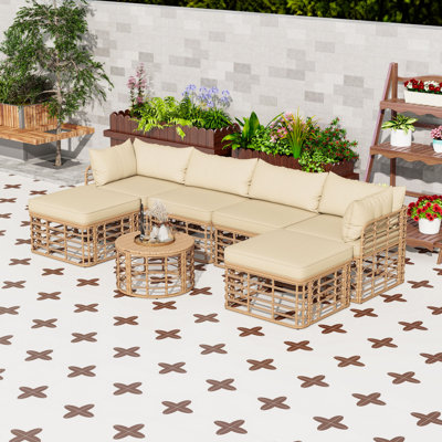 Ensemble de canapé modulaire d'extérieur en osier 7 pièces avec table basse ronde, ensemble de conversation pour patio avec motif à tissage creux
