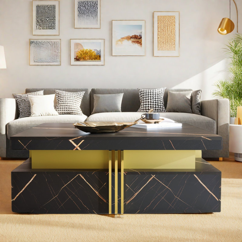 Modern Square Storage Coffee Table with 4 Drawers, Contemporary Chic Style, Center Cocktail Table for Living Room