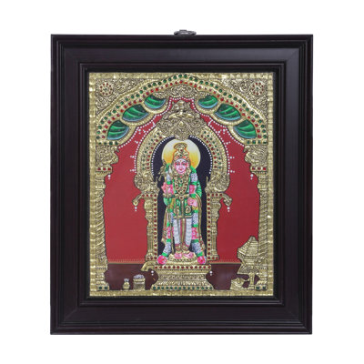 Lord debout Karttikeya (Murugan) Tanjore | Couleurs traditionnelles avec or 24 carats | Structure en bois de teck