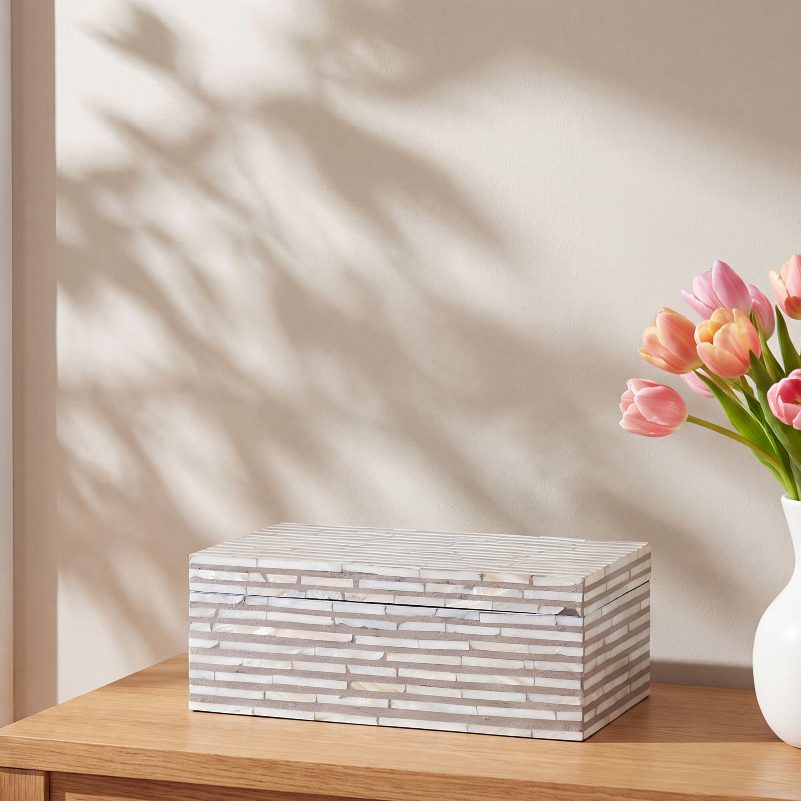 Omega Mother of Pearl Box, 5" H x 14"W x 8" D