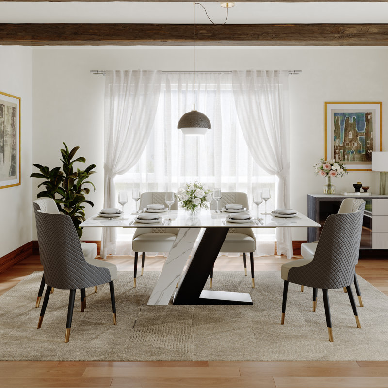 Modern Dining Table Sets for 6, White Sintered Stone Dining Table With PU Upholstered Chairs, Black