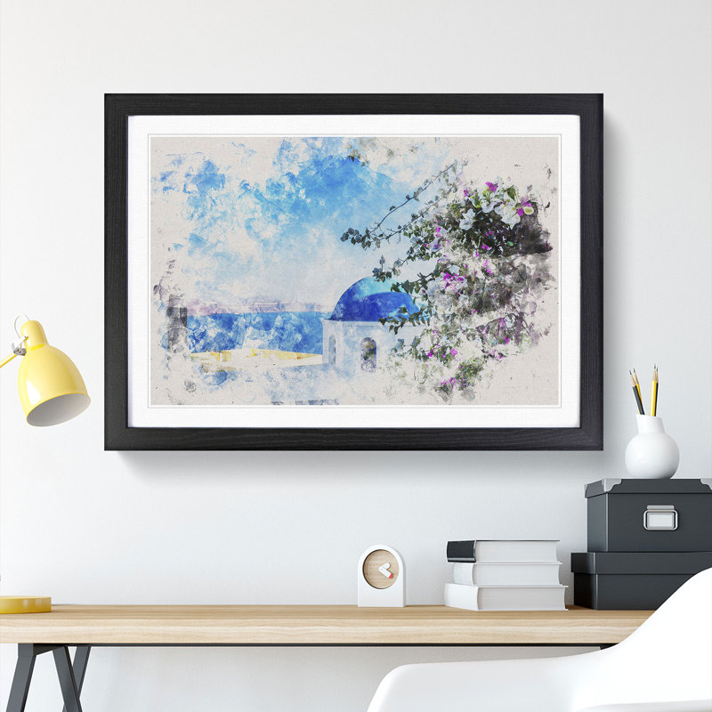 Blue Domed Church in Santorini - Picture Frame Graphic Art, 27cm H x 36cm W x 2cm D, Black