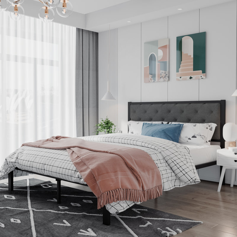 Base de lit plateforme en métal avec tête de lit tapissier Baca, Double, Gris foncé