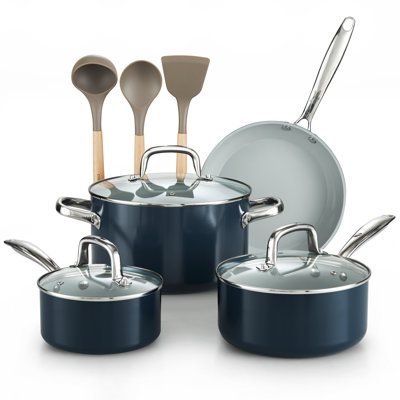 Ensemble de batterie de cuisine antiadhésive, casseroles et poêles avec couvercles en verre et poignées confortables Cook N Home Classic, compatible avec induction, 10 pièces, bleu