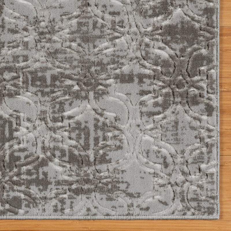 Aubepine Thandi Silver Gray Embossed Transitional Geometric Indoor Area Rug, Soft Polyester – Living Room & Bedroom - Gray