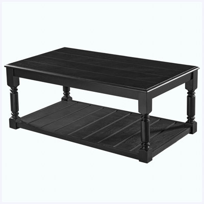 Farmhouse Rectangular Wooden Coffee Table with Slatted Lower Shelf, Turned Solid Wood Legs Cocktail Table for Living Room
