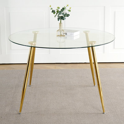 Table de salle à manger à pieds dorés de 47,2 po, table en verre trempé simple mais élégante avec pieds dorés, fabrication
