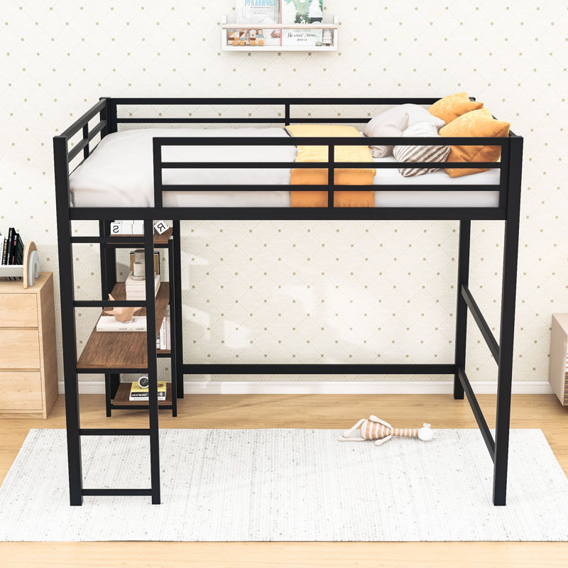 Lit mezzanine double avec bureau d'étude et tablettes de rangement