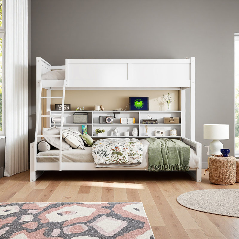 Bunk Bed With Storage Cabinets And USB Ports, Twin XL Over Queen, Antique White