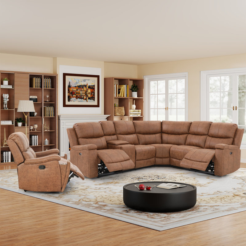 Hunstant 2-Piece Reclining Corner Sectional Sofa And Loveseat Set With Cupholder & Storage & Usb Ports, Brown Faux Leather