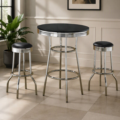 Ensemble table et chaises de bar rondes noires 3 pièces style bistrot pub des années 1950