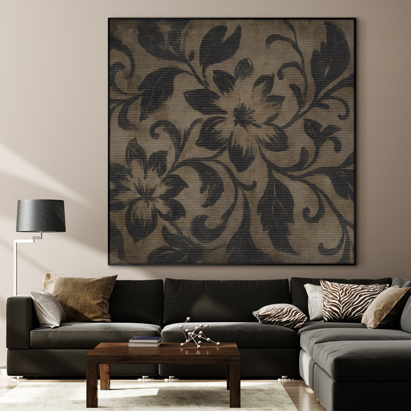 Très grand art mural imprimé sur tissu - Motif damassé floral, décoration d'art classique pour le salon ou la chambre à coucher - «Assemblage requis du cadre (cadre non fini)»