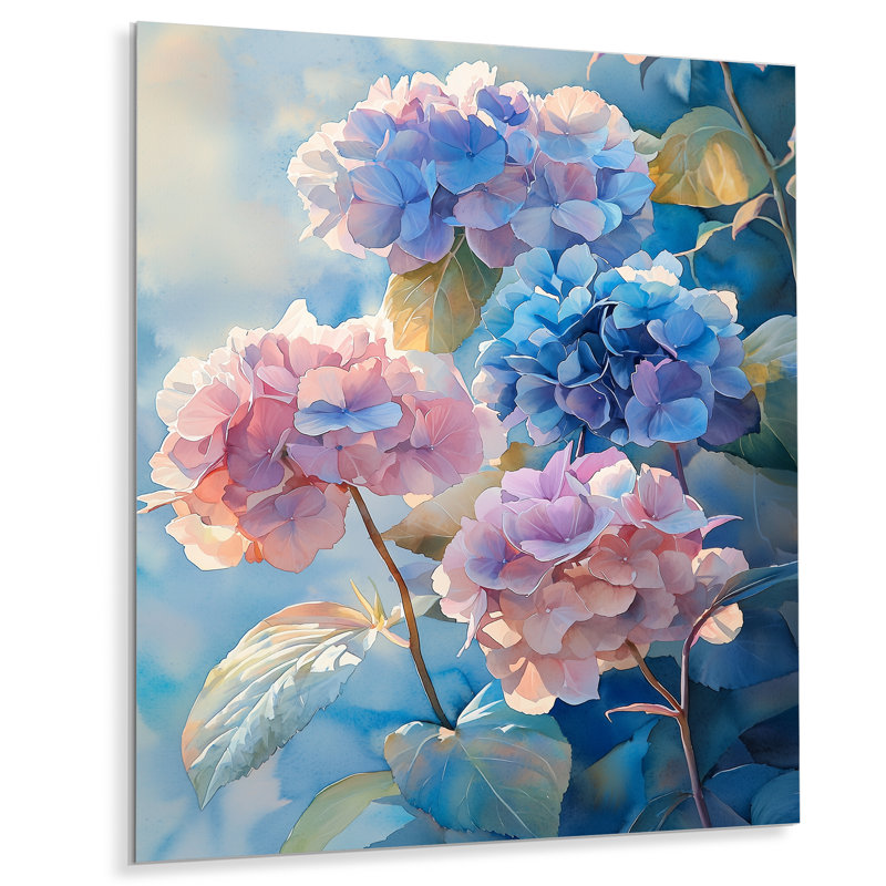 Hortensias dans la lumière du matin II - reproduction d'art traditionnelle en métal, décoration murale en métal hydrangées