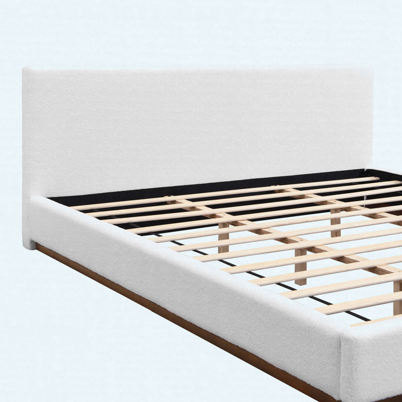 Boucle Upholstered Bed With Solidwood Frame & Support Slats, King, White/Dark Brown