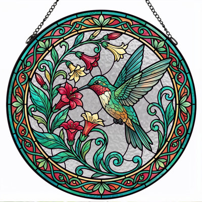 Hummingbird Floral Stained Glass Window Panel，12"H