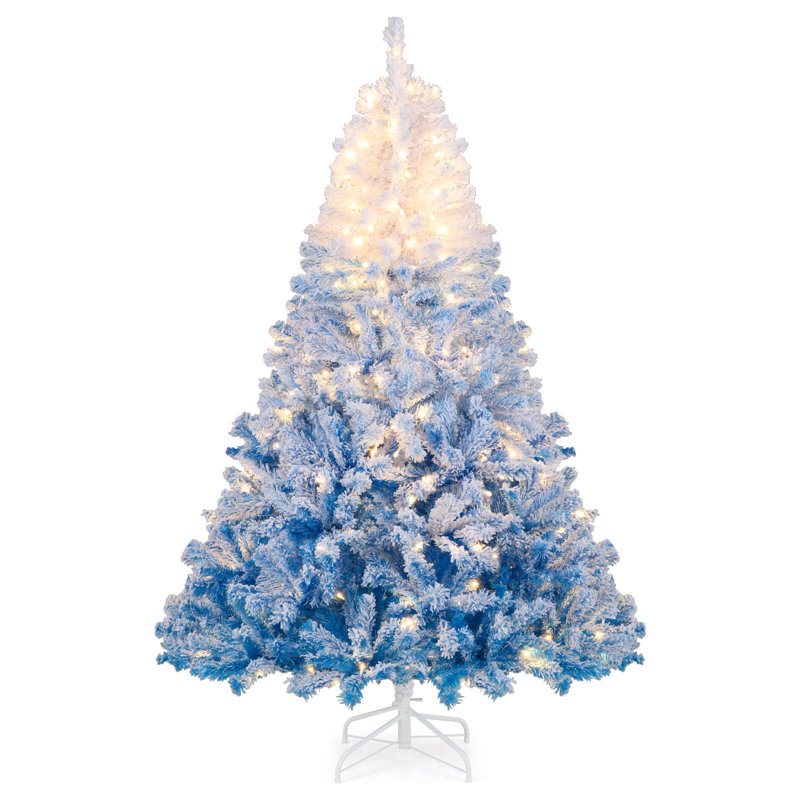 Arbre de Noël artificiel 6 pi avec 250 lumières DEL blanc chaud, 8 modes d'éclairage et base pliante en métal blanc et bleu