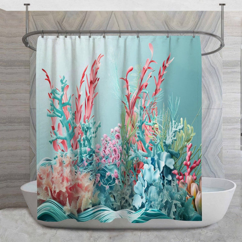 Rideau de douche abstrait corail - Décoration de salle de bain nature, H 83 po x l 70 po