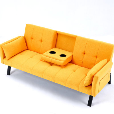70 - Inch Foldable Bed, Dark Grey, With Cup Holder And Side Storage, Cotton Linen, For 2 People In Small Sized Living Areas Inch, Yellow , Armrest Apartment Residents