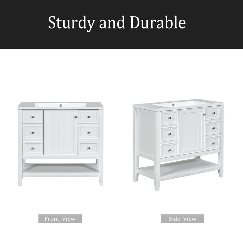36" Bathroom Vanity With Sink Combo, One Cabinet And Three Drawers, Solid Wood And MDF Board, Blanc