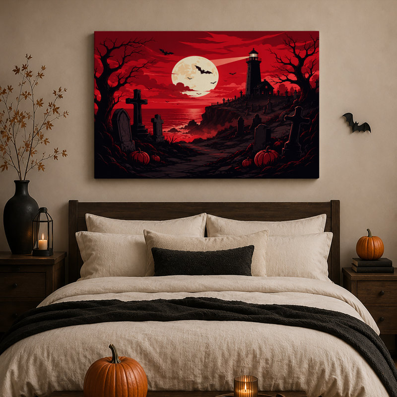 Art mural sur toile Spooky Coastal Graveyard and Lighthouse Under Halloween, H 24 po x l 36 po