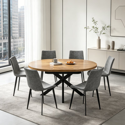43"-59" Extendable Round Dining Table Set, 7-Piece Modern Kitchen Table with 6 Upholstered Dining Chairs 