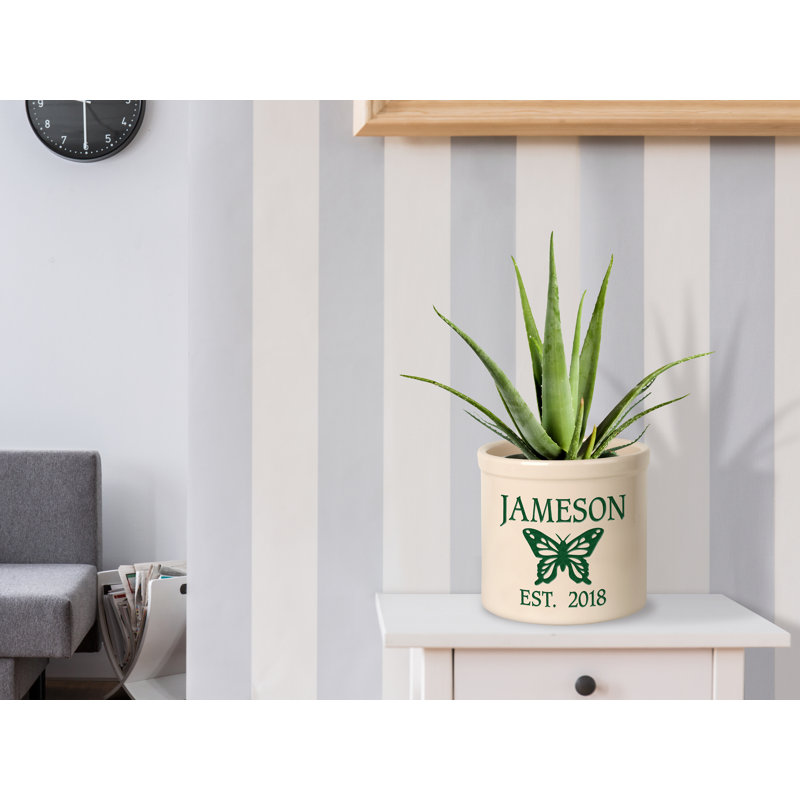 Pot de fleurs en céramique avec papillon personnalisé Woodlake, Vert, Oui