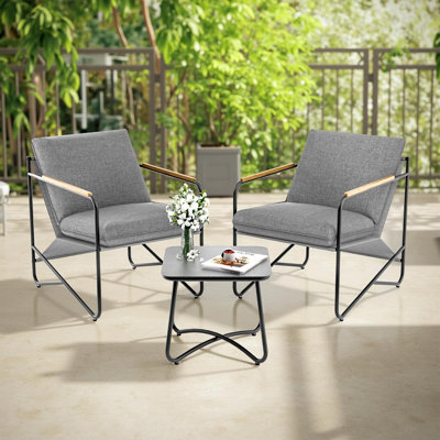 3-Piece Patio Furniture Set, Compact Outdoor Conversation Set with 2 Chairs and Glass Table, Weather-Resistant for Apartment Patio, Small Spaces, Balcony, Backyard – Grey
