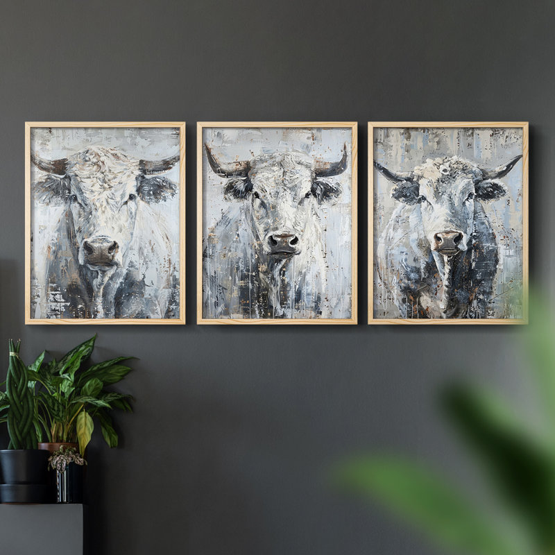Bovine Study  Series  XLIII  -Set Of 3 Framed Giclee Prints -Ready to Hang, Natural Framed, 10" H x 8" W
