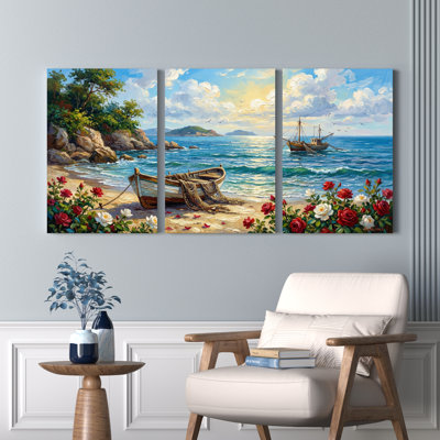 Ensemble de 3 tableaux sur toile représentant un bateau au bord de la mer et des roses, pour la décoration du salon, de la chambre et de la maison.
