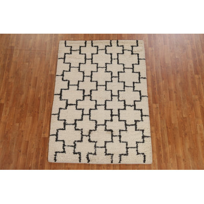 Tapis beige / noir en laine noué à la main de conception unique 4 pi 6 po x 6 pi 7 po