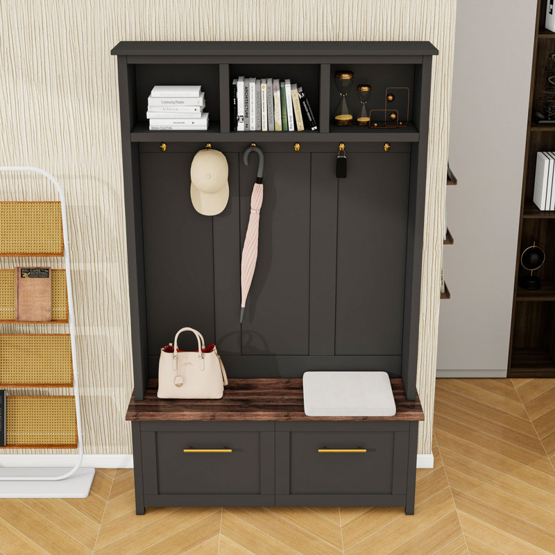 Modern Hall Tree with Golden Hooks, Bench, Drawers and Storage Compartments, Black