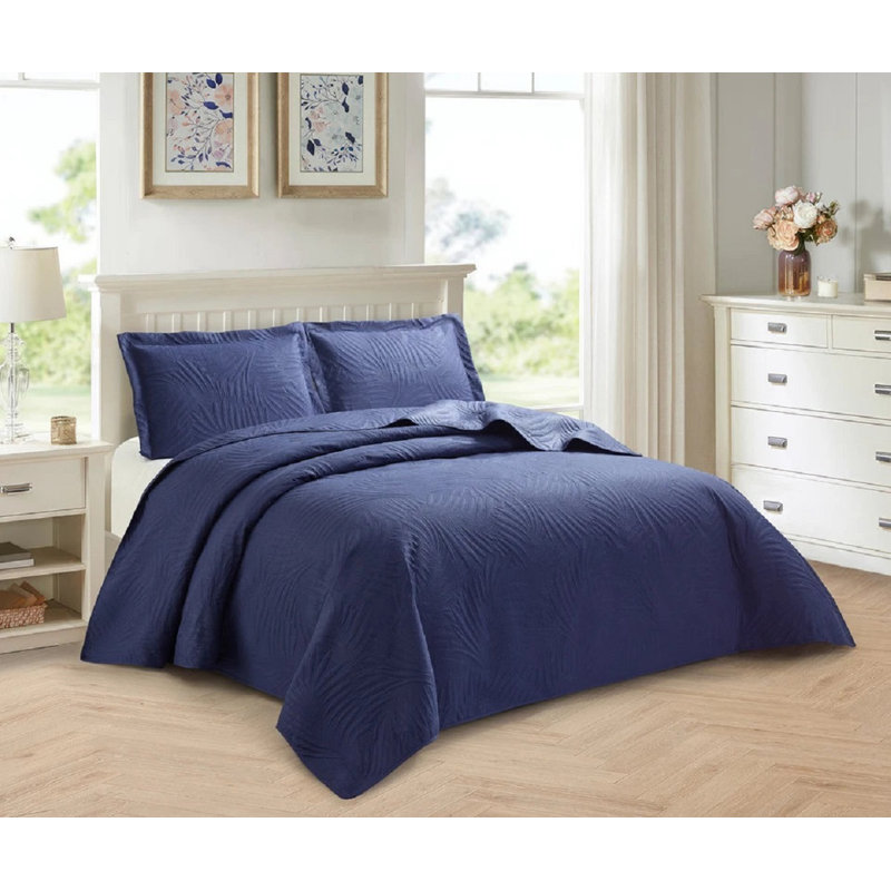 3 Piece Tropical Leaf Bedspreads Set Quilted Bed Throw with Matching Pillow Shams Polyester Material, Dark Blue
