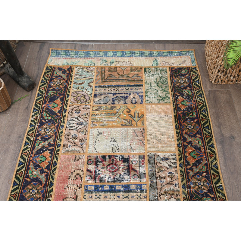 Modern Beige Wool Patchwork Accent Rug, 35x76.8 Inch Rug