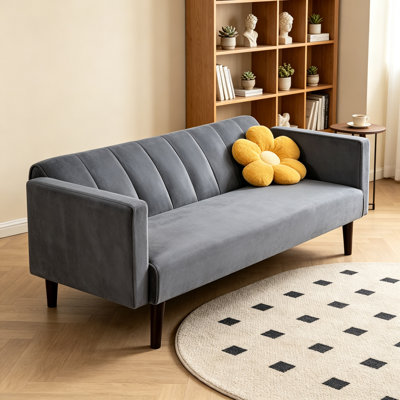 72" Convertible Sleeper Sofa Bed with Folding Backrest and Cup Holder Table, Space-Saving Linen Upholstery, Gray