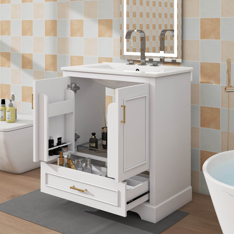 Meuble-lavabo contemporain avec lavabo en céramique, 2 portes et 1 tiroir pratique, 30", Blanc