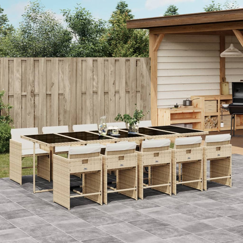  Ensemble repas 11 pièces pour patio avec coussins en rotin de polyester beige, Blanc, crème, Beige