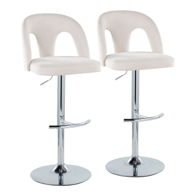 Tabouret de bar réglable en métal chromé et tissu blanc neige avec repose-pieds arrondi en T - ensemble de 2, Snow White