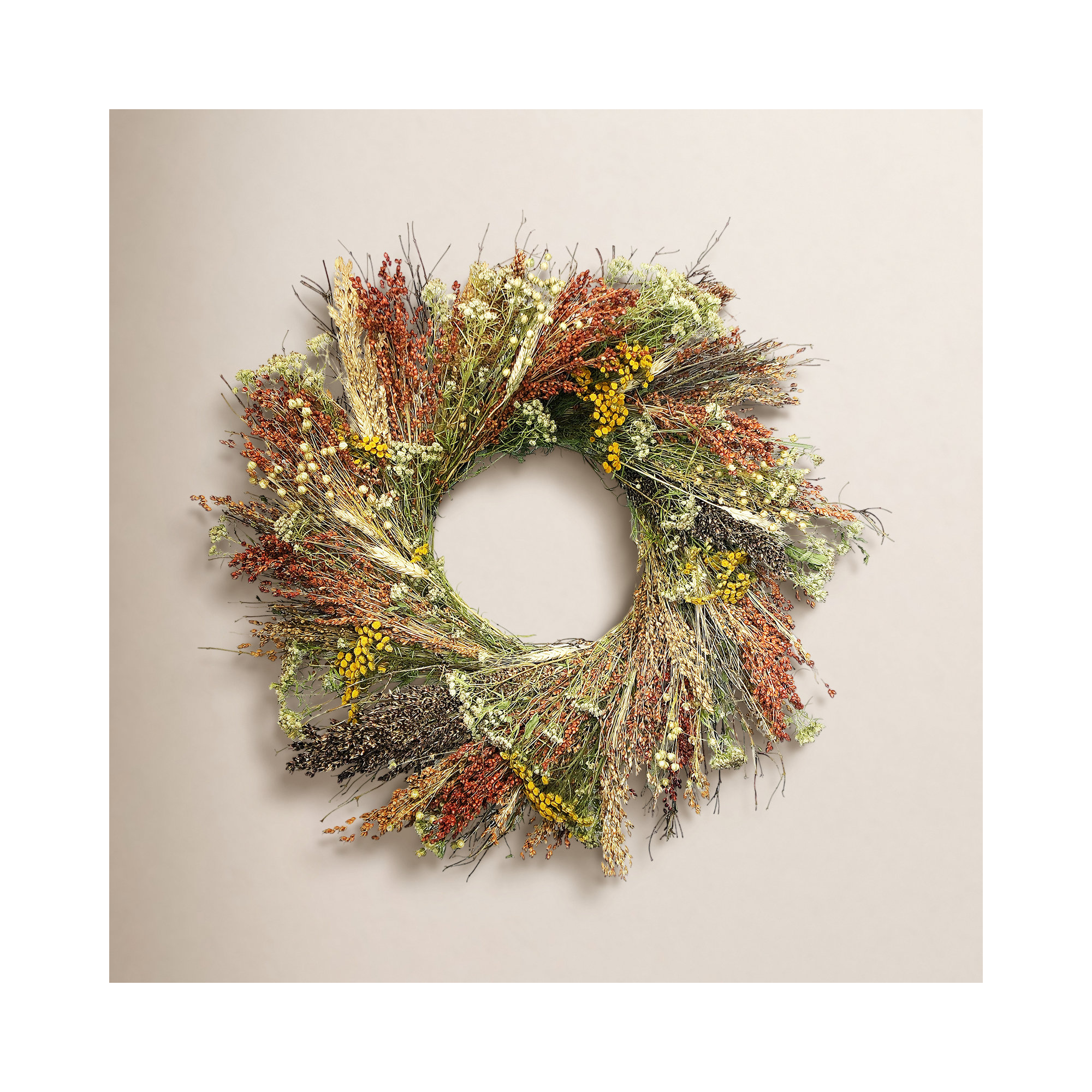 Dried Feuille Morte Floral Fall Wreath, 22" H x 22" W x 5" D