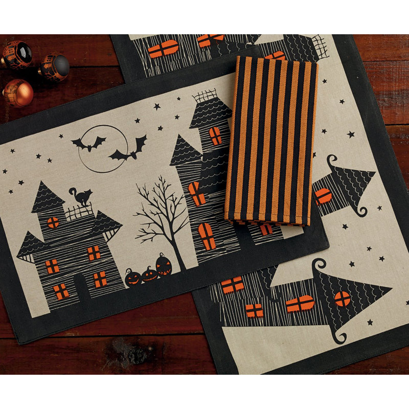 Cotton Haunted House Table Runner, 14x72, Halloween Decor