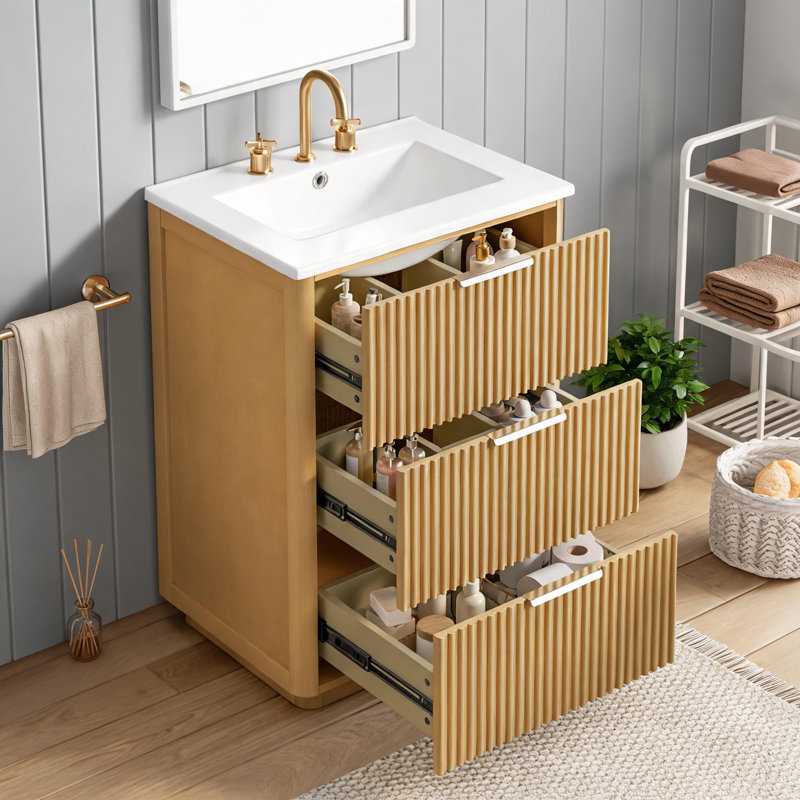 Meuble-lavabo de luxe moderne 24 po avec lavabo en céramique, meuble de salle de bain avec tablette ouverte et rangement fermé