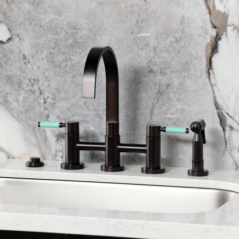 Kingston Brass Kaiser Two-Handle 4-Hole Deck Mount Bridge Kitchen Faucet with Brass Side Sprayer, Oil Rubbed Bronze
