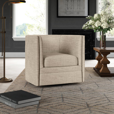 Arazia 360-Degree Swivel Barrel Chair with Tufting and Nail Heads