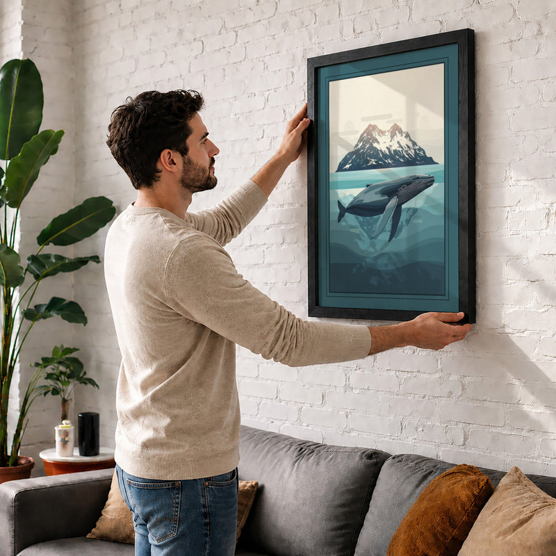 Whale and Mountain Minimalist - Framed Print, Walnut, A4 - 29.7 x 21.0 cm