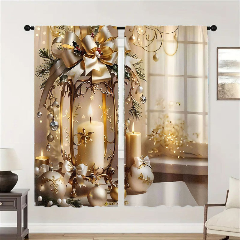 2Pcs Elegant Gold Christmas Lantern Curtains - Winter Holiday Decor with Candles & Holly Berries Rod Pocket Design, Light Filtering, Window Treatment for Living Room Bedroom Dining Kitchen