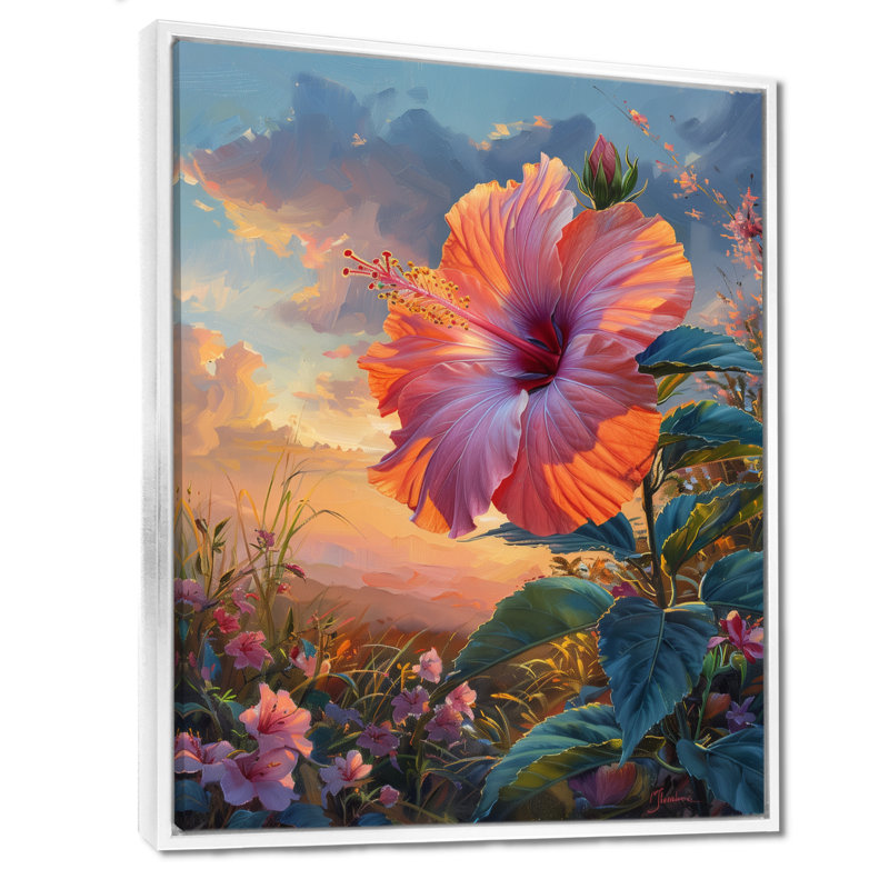 Hibiscus rose, vert, coucher de soleil tropical - Hibiscus, Cadre flottant blanc, H 30 po x l 40 po
