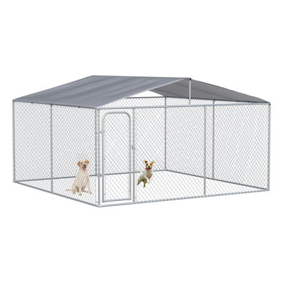 Chenil d'extérieur pour chien, clôture d'extérieur pour chien robuste avec couvercle imperméable, maillon de chaîne galvanisé, verrou sécuritaire, pour les grandes races, les poulets, les canards, 13 pi x 13 pi x 7,5 pi