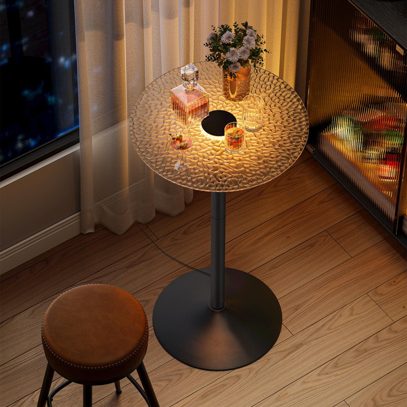 Bar Table, Round Cocktail Table with Multi-Coloured Lights and Glass Top, Large Steel Base