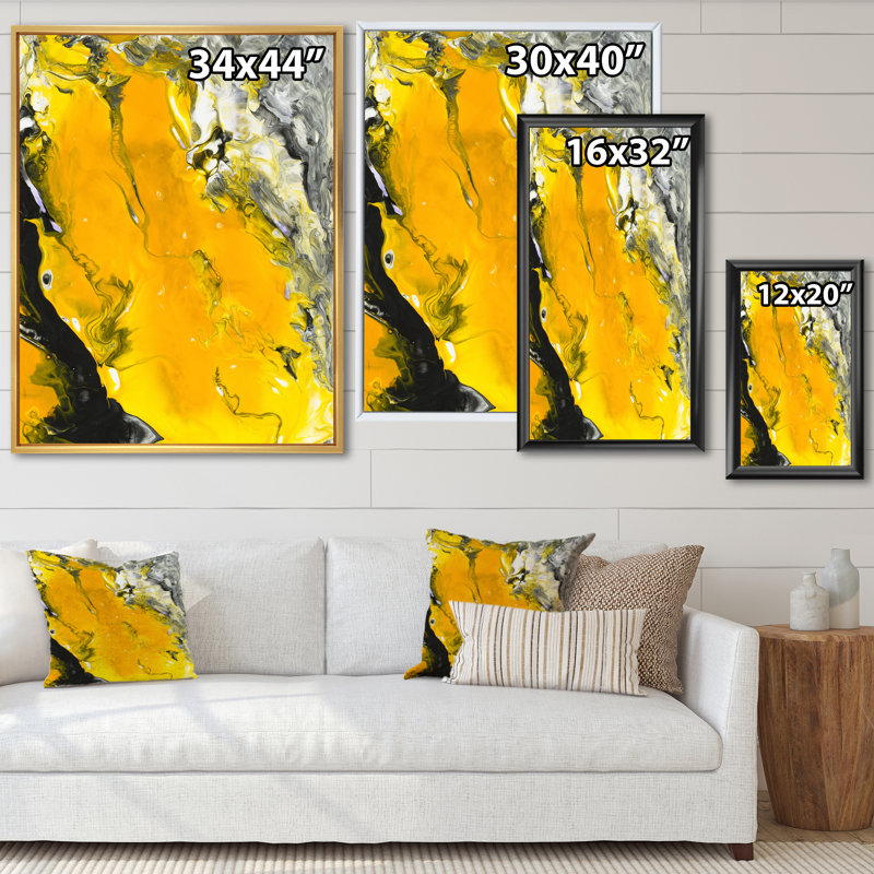 Jaune jaune, noir et blanc liquide Art VI - peinture sur toile, Cadre flottant en érable, H 40 po x l 30 po x P 1,5 po