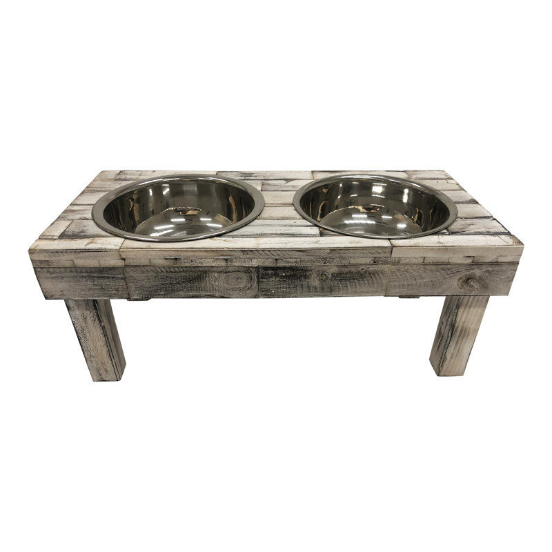 Large White Wash Reclaimed Wood Elevated Double Bowl Feeder