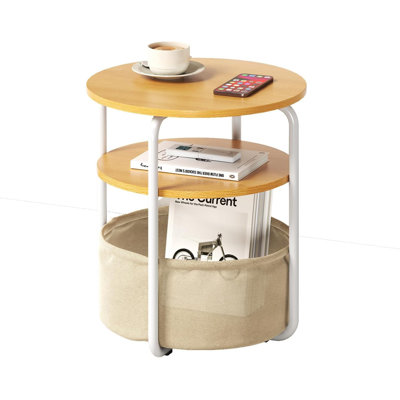 Small Side Table for Small Spaces with Storage Basket, Round End Table 3-Tier Nightstand 23.6" h Vintage Sofa Corner Table for Living Room, Bedroom, Patio Nursery, Bathroom